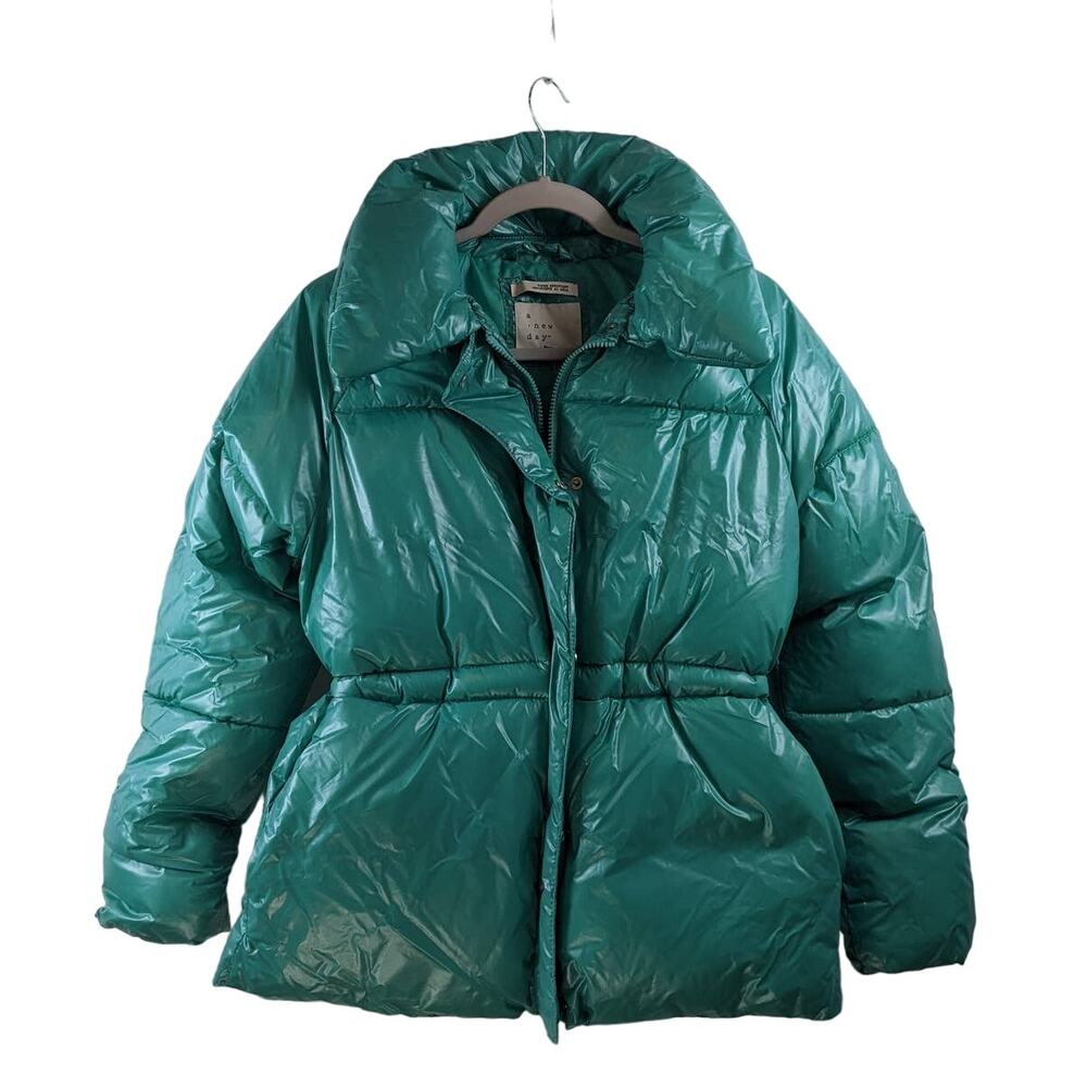Wet Look Puffer‎ Coat A New Day Jade XS Green Winter Zip Up Puffy Cinch Jacket
